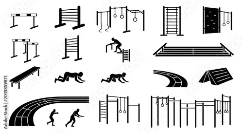 Outdoor Fitness and Obstacle Course Equipment Icons Set with Climbing Frames, Monkey Bars, Balance Beams and Training Structures