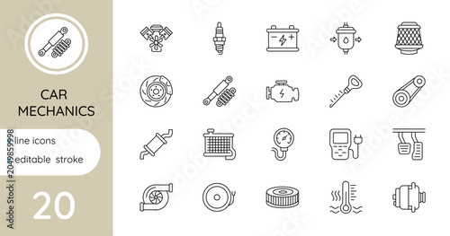 Set of vector linear icons - Car mechanics and parts