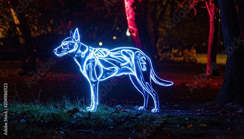 Glowing Neon Dog Sculpture in Forest.