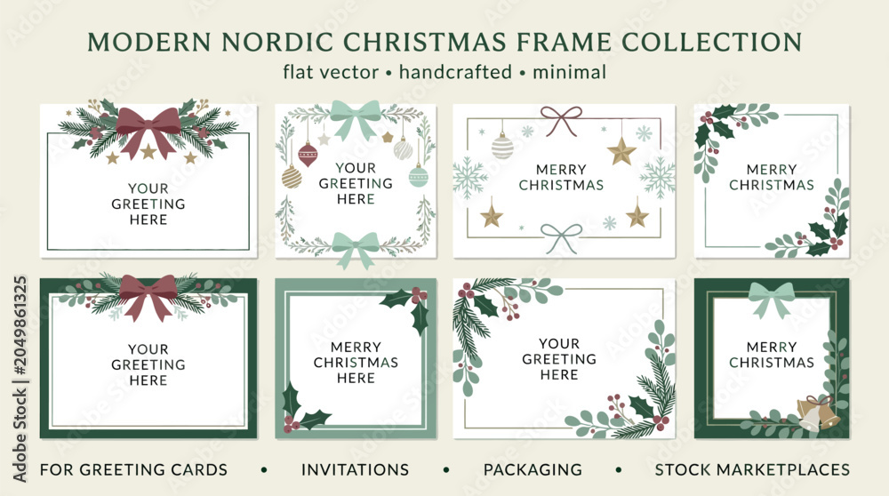 Naklejka premium Modern Nordic Christmas frame collection with minimal flat vector borders, holiday ribbons, holly berries, and winter foliage templates.