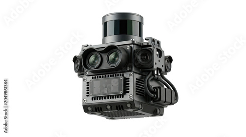 High-detail black and silver robotic gimbal camera head with dual lenses, adjustable mount