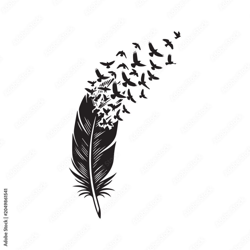 Obraz premium Black Feather Transforming into Flying Birds Silhouette Tattoo Design Vector 