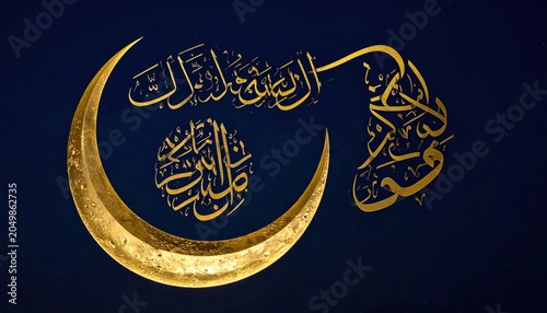 Golden Crescent Moon Islamic Calligraphy Design.