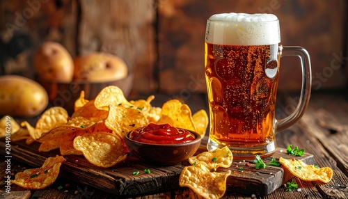 Cold glass of refreshing beer with foam served with crunchy golden potato chips and red dip on a rustic wooden table