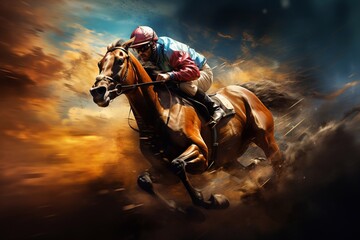 Defocused with grainy an amateur horse jockey gallops his horse amidst flying dust, during training