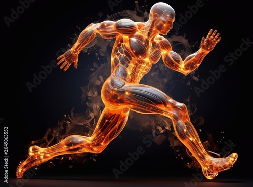 Running shoes, legs or skeleton bone glow in workout, training or exercise with anatomy pain, body stress or joint burnout. Zoom, runner or sports woman with ankle injury and 3d futuristic abstract