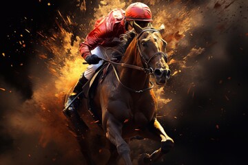 Defocused with grainy an amateur horse jockey gallops his horse amidst flying dust, during training