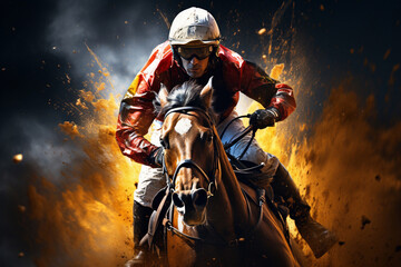 Defocused with grainy an amateur horse jockey gallops his horse amidst flying dust, during training
