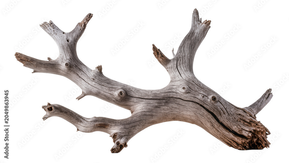 Fototapeta premium Weathered grey driftwood branch with textured grain, isolated on transparent background