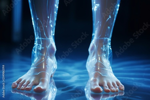 anteroposterior and lateral foot and ankle x-ray showing total ankle replacement or arthroplasty in a patient with severe traumatic osteoarthritis. dark background.