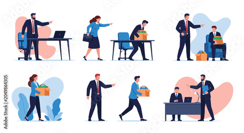 Series of business illustrations depicting employees leaving office after being fired or quitting with bosses pointing towards exit.