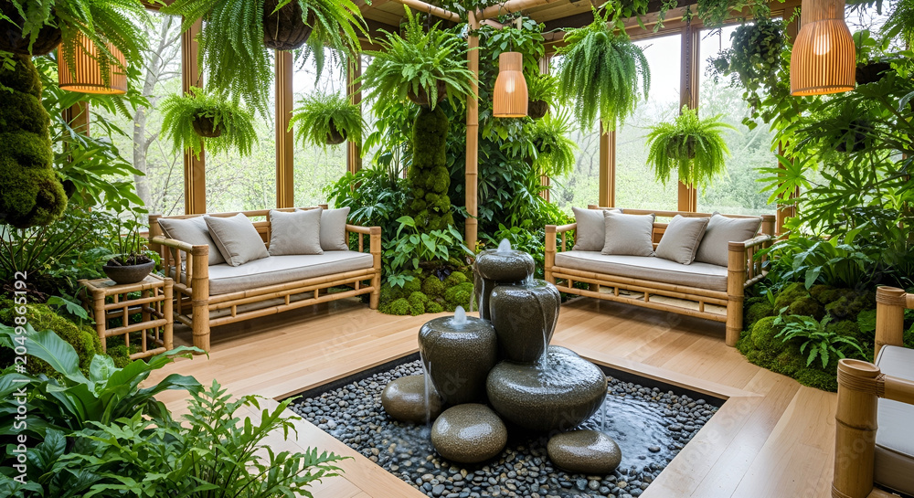 Fototapeta premium Luxurious indoor garden conservatory with bamboo furniture and a serene water fountain