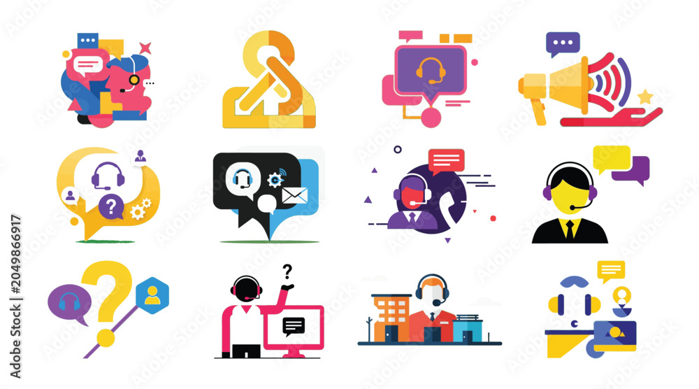 Fototapeta premium Modern flat design icons for customer support, call center, and online communication services.