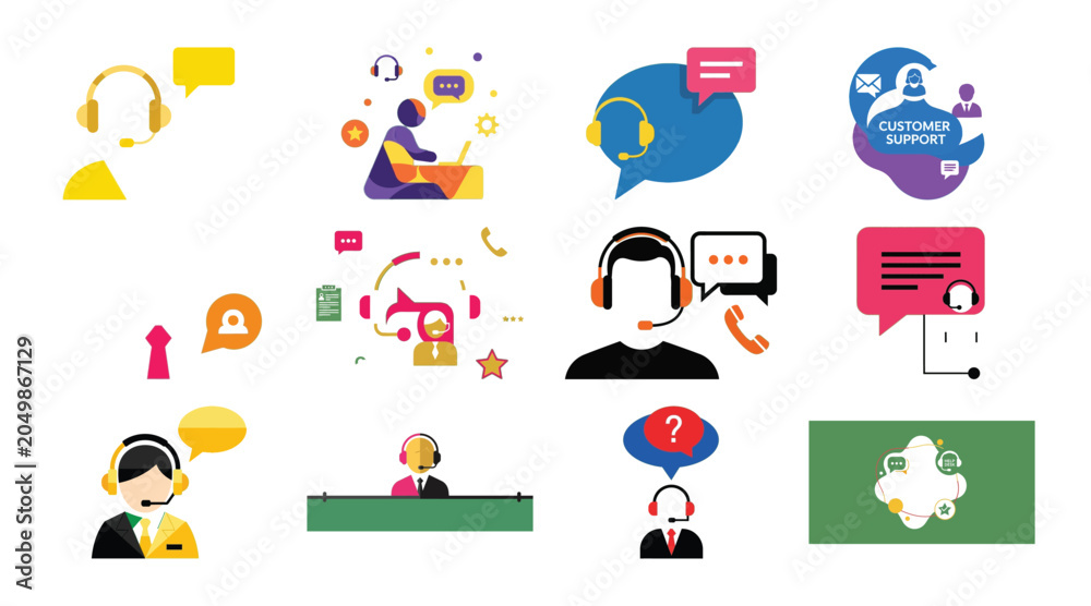 Fototapeta premium Collection of customer support icons with headphones and speech bubbles.