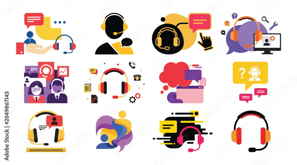 Fototapeta premium Variety of customer support icons featuring headsets and communication elements.