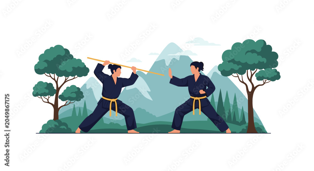 Fototapeta premium Two practitioners of martial arts training with a wooden staff in a beautiful and scenic mountain landscape.