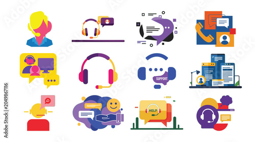Customer support icons set with headphones, chat, people and technology.