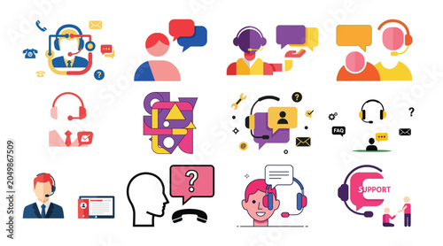 Collection of diverse icons illustrating customer communication, support, and assistance.