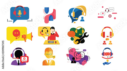 Set of icons representing customer support, call center, and communication services.