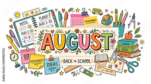 Vibrant August Back to School Planner Illustration with Stationery and Educational Supplies for Academic Preparation and Organization