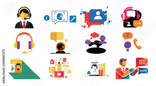 Modern flat icons for online support, communication, and customer service.