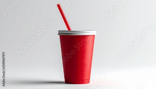 A refreshing red plastic cup with a white lid and a red straw, perfect for cold beverages and on-the-go enjoyment