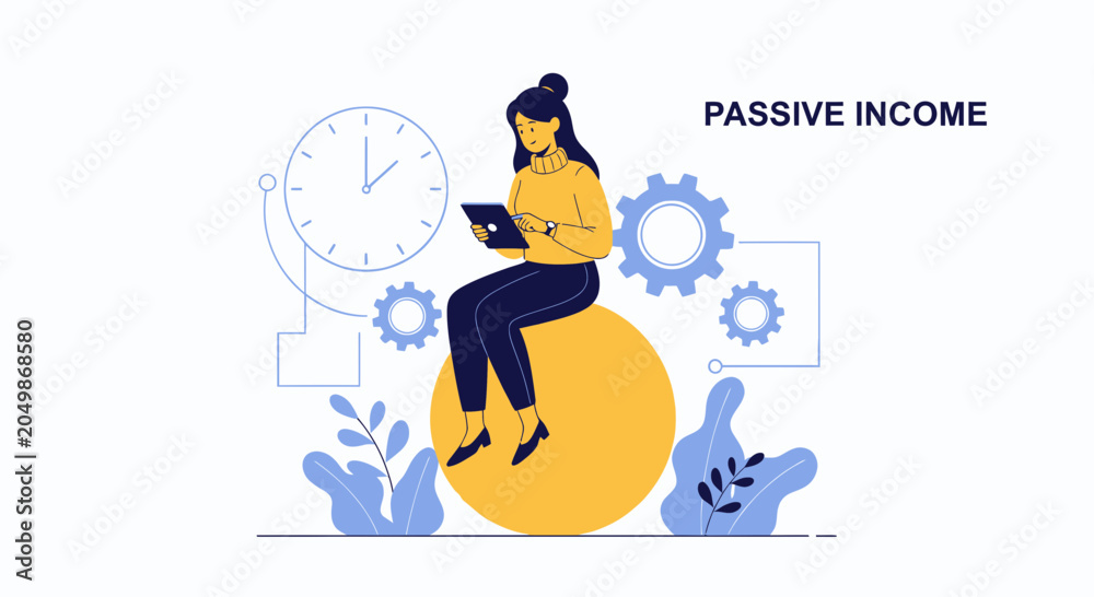 Fototapeta premium Passive Income Concept: Woman Using Tablet with Clock and Gears, Symbolizing Effortless Earnings and Financial Growth