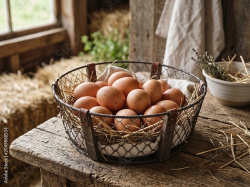 Fresh brown chicken eggs with speckles in a wire mesh basket with straw on rustic wooden table