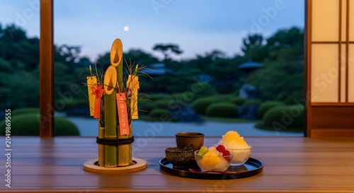 Traditional Japanese New Year Kadomatsu Decoration and Sweets with Garden View.