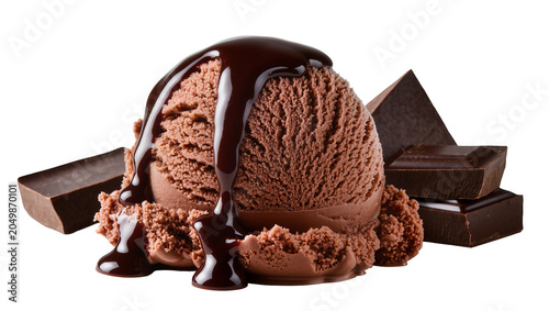 Canvastavla Rich chocolate ice cream scoop with dark chocolate syrup drizzle, isolated on tr