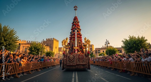Traditional Spanish Festival Procession with Elaborate Floral Float and Cheering Crowd.