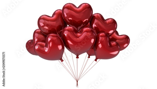 Cluster of shiny red heart-shaped balloons tied with strings, isolated on transparent background