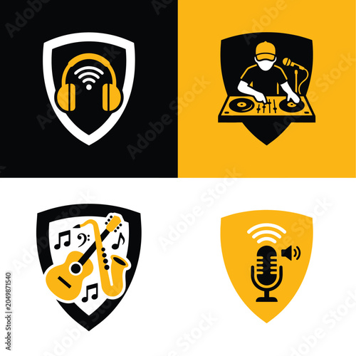 Vector flat set of minimalist music emblems featuring audio equipment, wireless headphones, microphone, and instruments inside protective shields. Perfect for recording studios, podcasts, and DJ brand