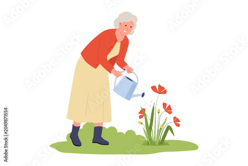 Illustration of Senior Woman Watering Red Flowers in Garden. An elderly grandmother using a blue watering can to take care of fresh red blooming flowers in her backyard garden