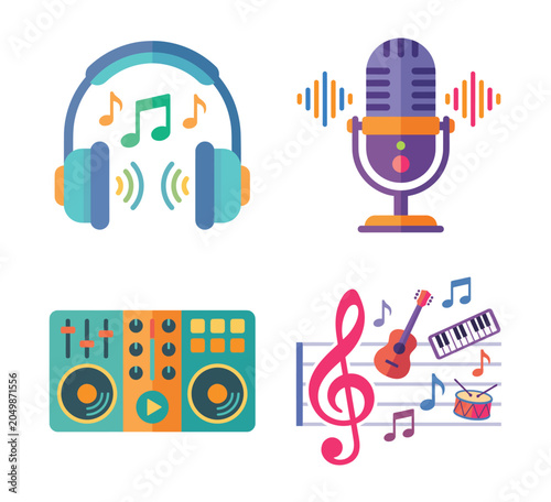 Vibrant vector collection of flat musical emblems featuring studio microphone, headphones, DJ mixing console, and music staff. Ideal for podcast branding, audio apps, and creative educational content.
