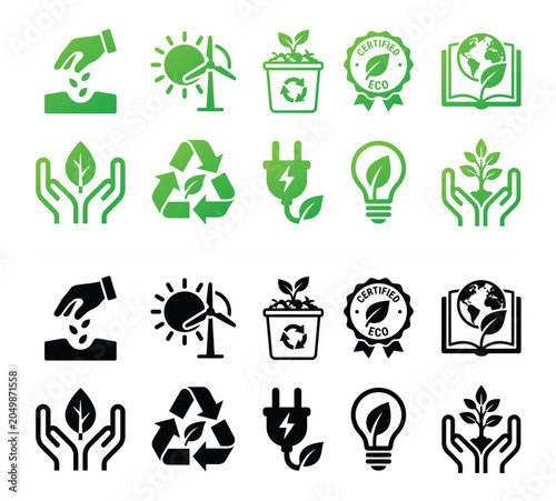 Premium Flat vector icon set featuring environmental conservation and green lifestyle symbols in two color variations. Concepts include soil planting, solar and wind power, organic recycling bin.