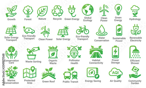 Flat Comprehensive vector icon set focusing on global ecology, nature conservation, and sustainable development. Features unique concepts including marine conservation.