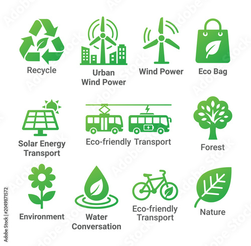 Flat eco-friendly vector icon set representing green alternative energy, recycling, and sustainable lifestyle. Concepts include urban wind power, solar transport, electric public transit, water conser
