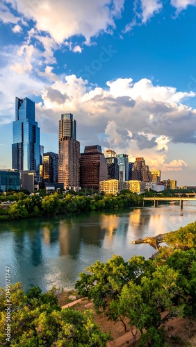 A blurry cityscape with tall buildings and a river