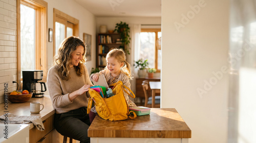 Mother helping young daughter pack backpack for back to school