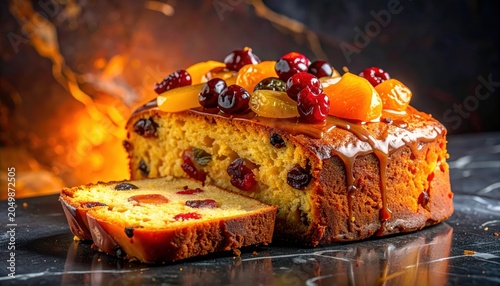 A freshly sliced fruitcake adorned with glistening glazed fruits and dried cranberries, a rich and festive holiday dessert.