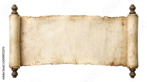 Old vintage paper scroll with wooden handles isolated on transparent background