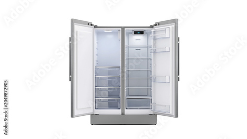 Modern stainless steel double door refrigerator standing open in kitchen Vector