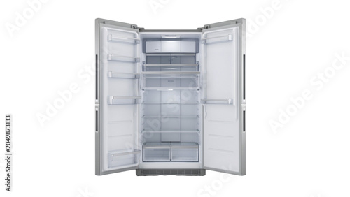 Modern stainless steel refrigerator standing open in a kitchen setting Vector