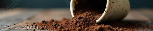 Close-up of a cracked, discarded ceramic mug, overflowing with dark, bitter coffee grounds, symbolizing a painful, abrupt end to a relationship or situation ,  close-up,  dark brown