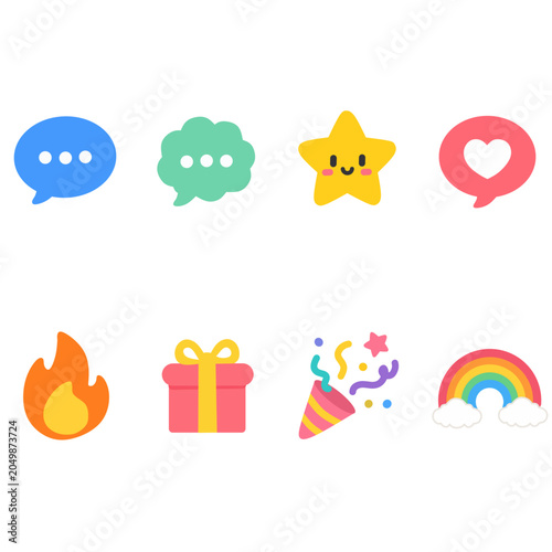 Colorful social media icons including chat bubbles star gift fire party pop rainbow