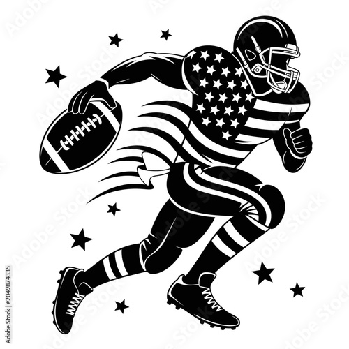 A silhouette of an American football player in motion, depicted in black and white.