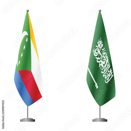 Foto Comoros and Saudi Arabia flags on flagpoles for official ceremonies and meetings