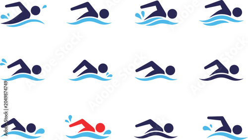 Various swimming with one red swimmer blue white background swimmers