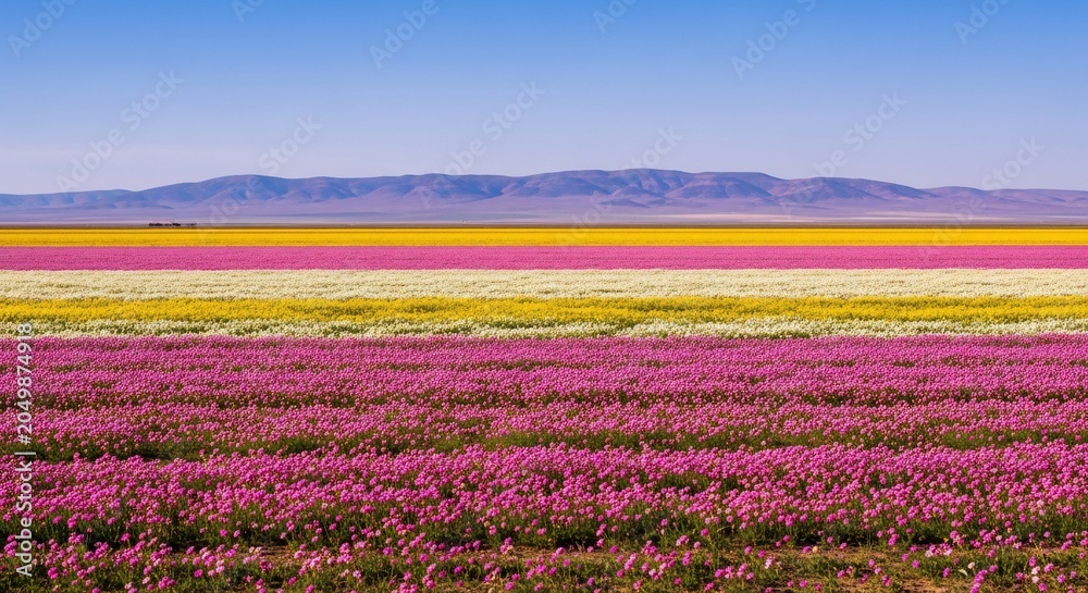 Obraz premium Vibrant Colorful Flower Fields Under a Clear Blue Sky with Distant Mountains.